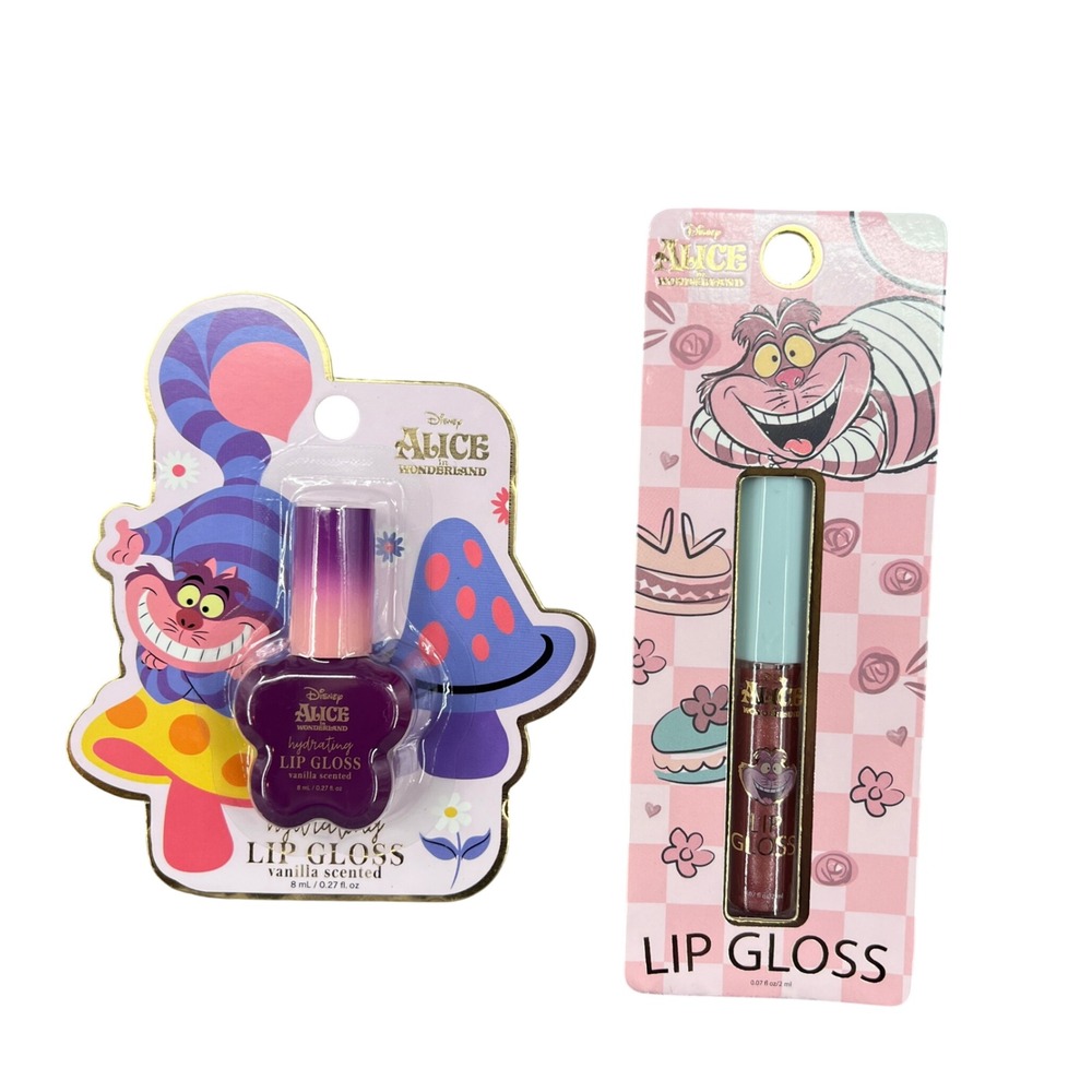 Disney Alice in Wonderland Lip Gloss Set Purple Pink Cheshire Cat Vanilla NEW